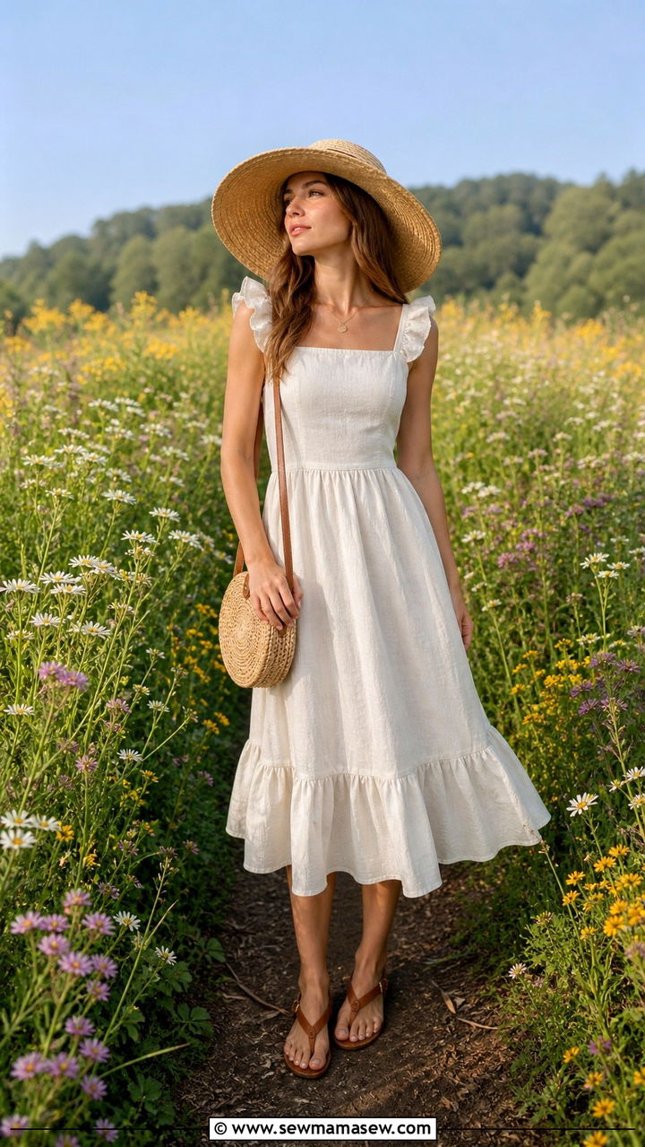 Ruffled Linen Midi Dress and Sun Hat - 40 summer cottagecore outfits