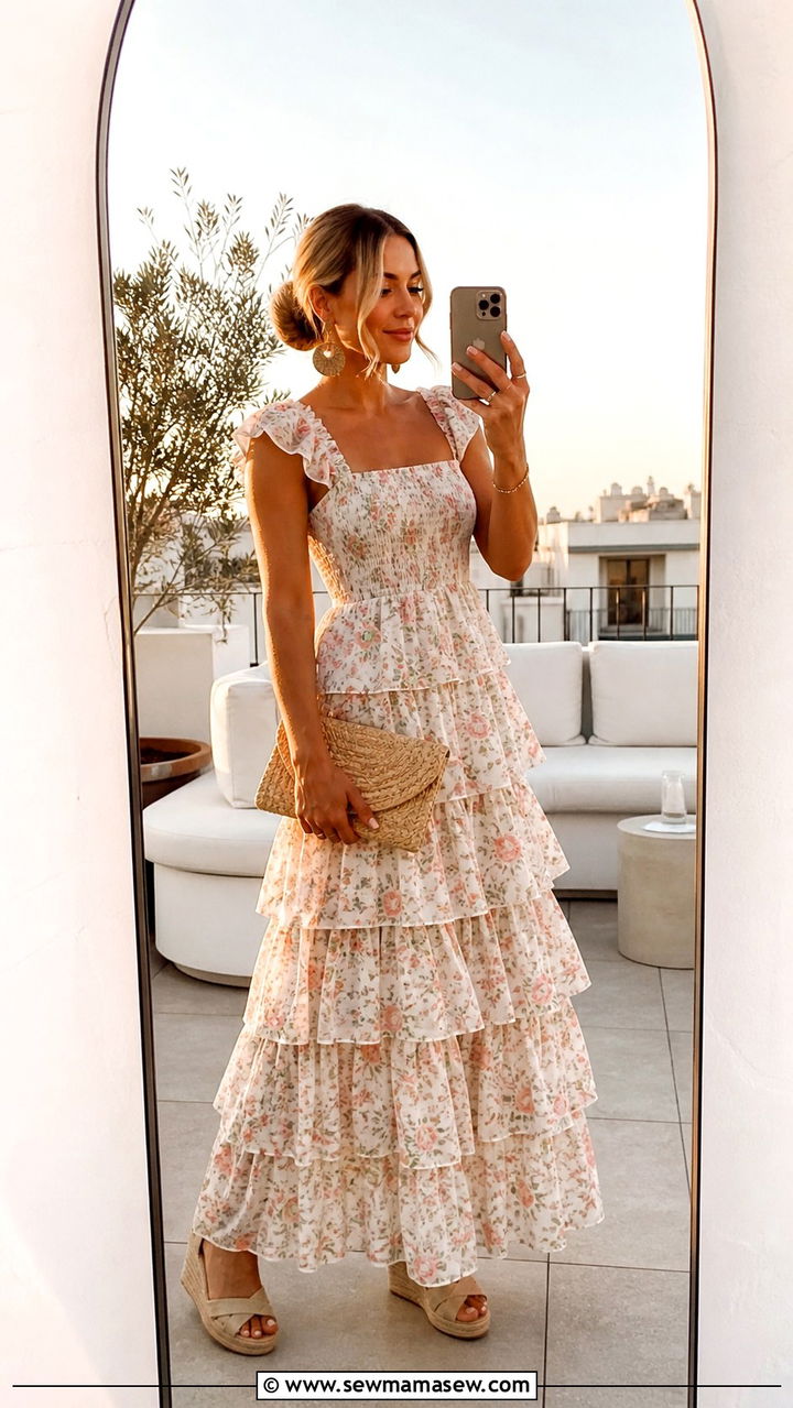 Ruffled Maxi Dress And Wedge Heels - 40 Spring rooftop outfits