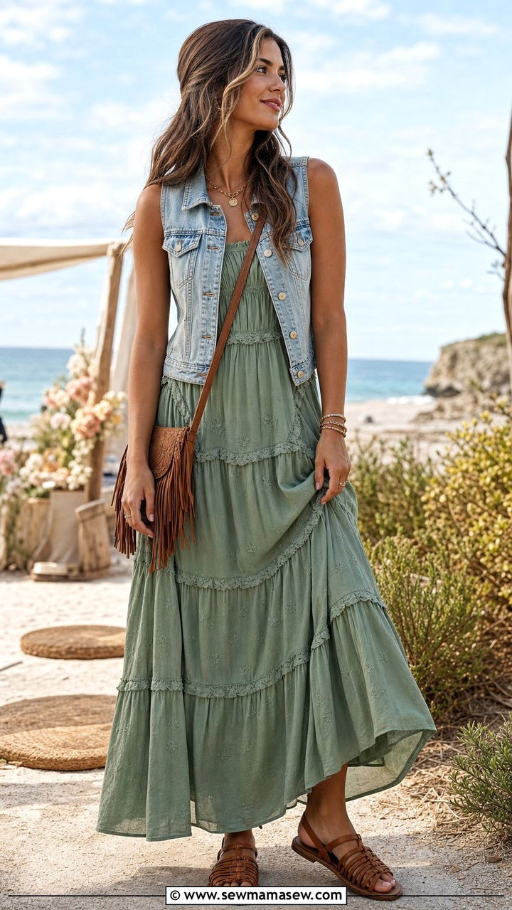 Ruffled Maxi Dress With A Denim Vest - 25 Spring outfits for women in their 30s