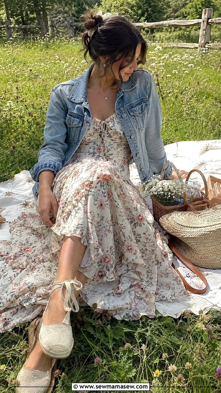 Ruffled Maxi Dress With Denim Jacket And Espadrilles - 25 poetcore outfits inspo