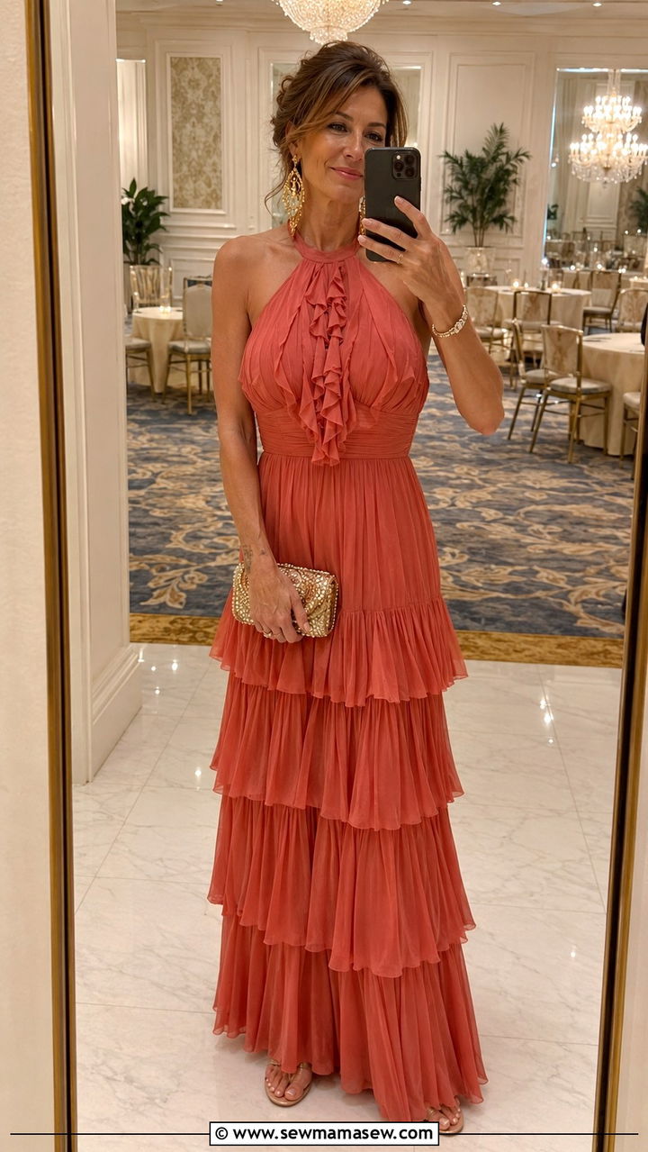 Ruffled Maxi Dress With Gold Earrings - 30 spring wedding guest outfits for women over 40