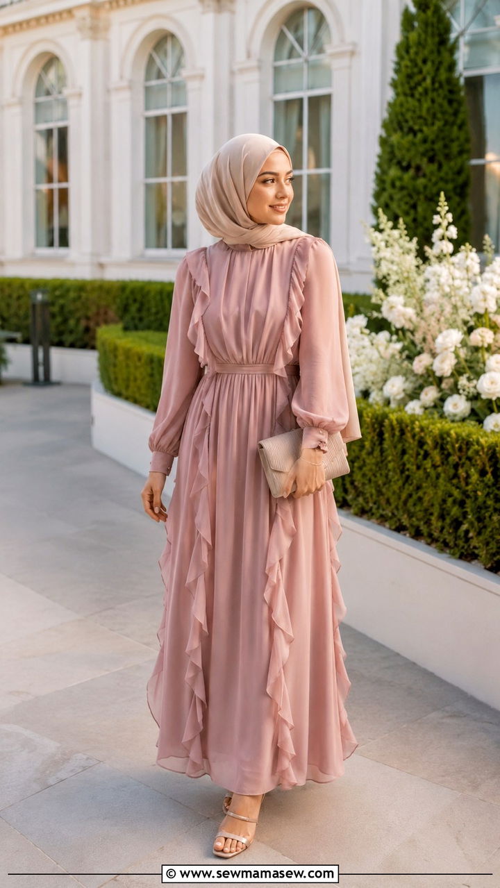 Ruffled Maxi Dress With High Neckline - 30 Modest wedding guest outfit ideas for Muslim women