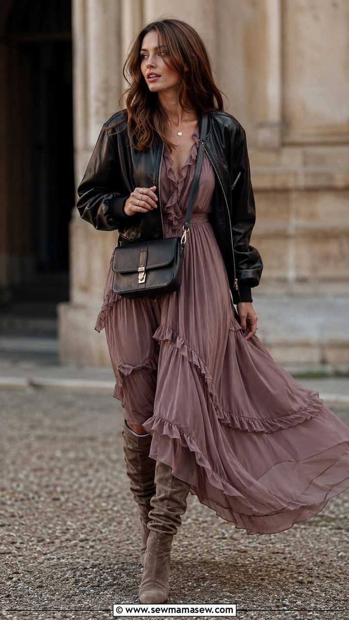 Ruffled Maxi Dress With Leather Bomber Jacket - 20 Boho outfit ideas Chloe runway style