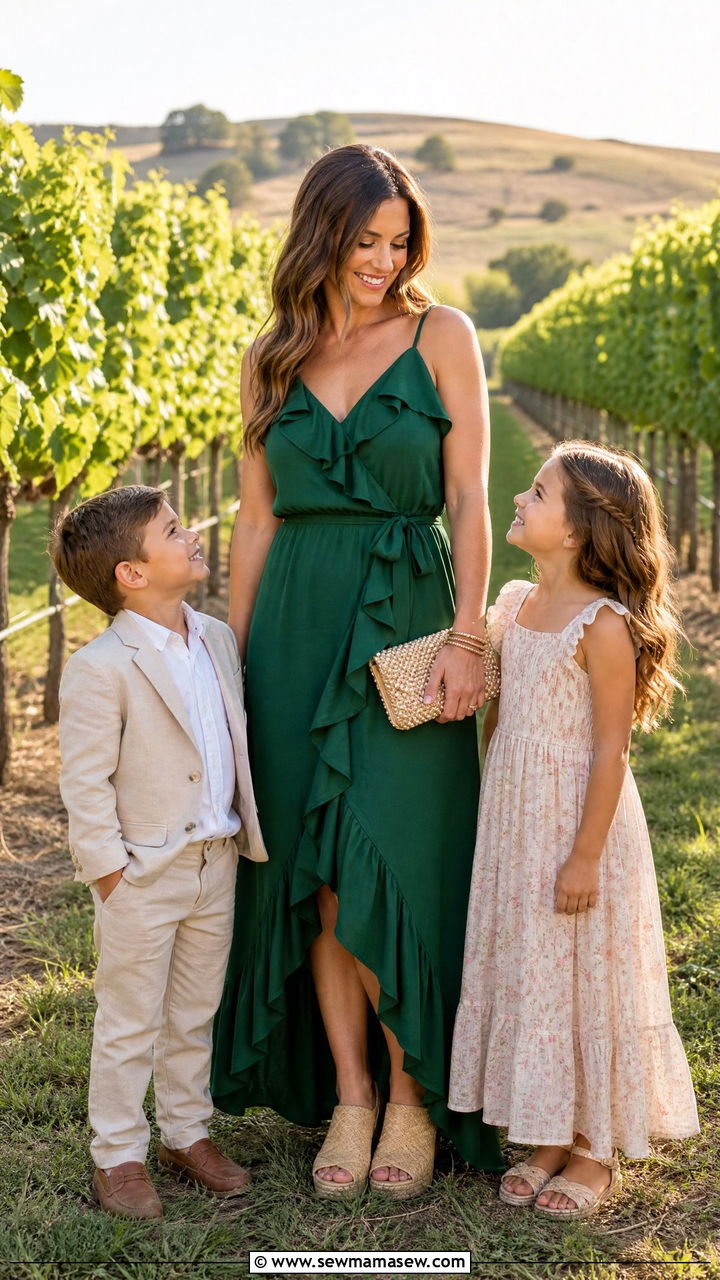 Ruffled Maxi Dress With Woven Wedges - 25 Wedding guest outfit ideas with kids in tow