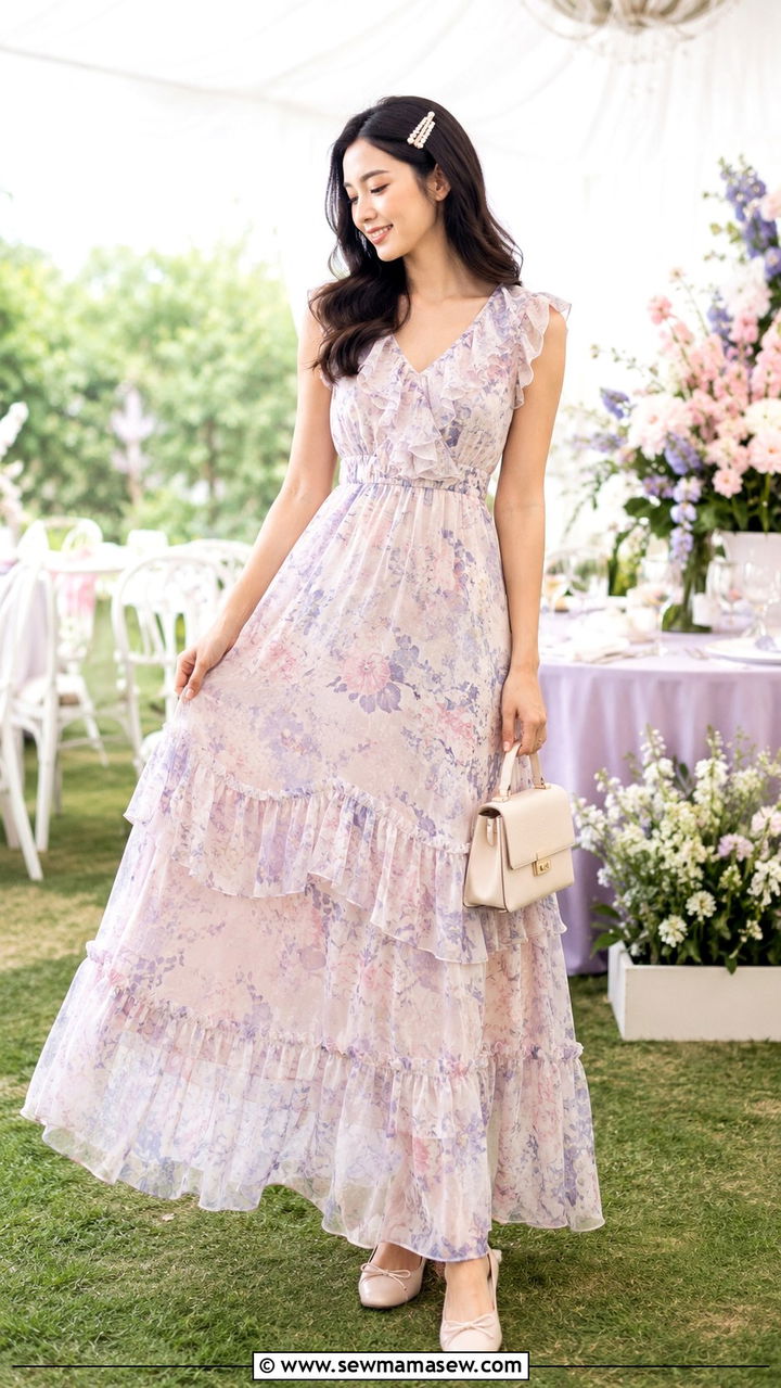 Ruffled Maxi Dress with Ballet Flats - 30 spring maxi dress outfit ideas
