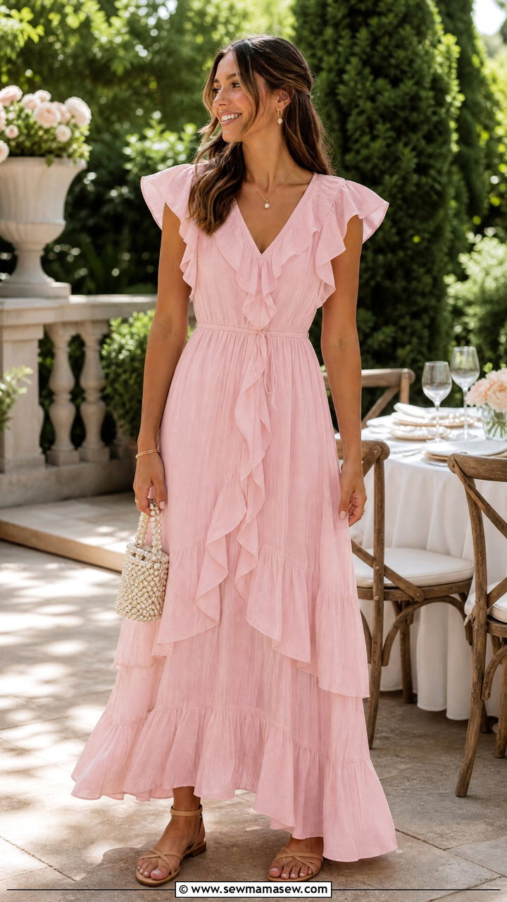Ruffled Maxi Dress with Delicate Jewelry - 30 Maxi dress for vacation outfit ideas
