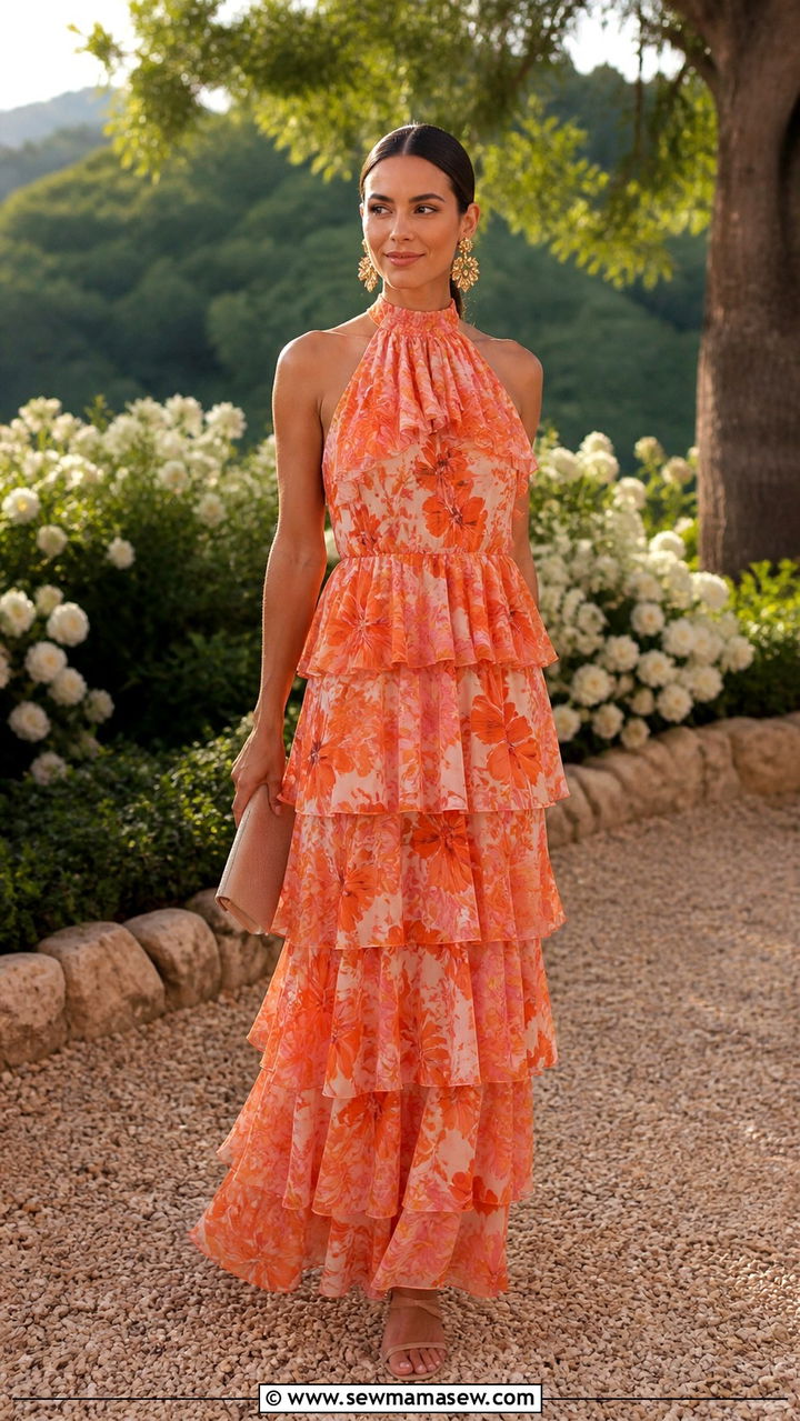 Ruffled Maxi Dress with Statement Earrings - 40 Summer 2026 wedding guest outfit ideas
