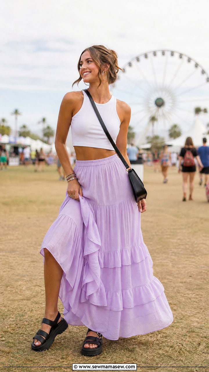 Ruffled Maxi Skirt With Cropped Top And Chunky Sandals - 35 maxi skirt outfits aesthetic