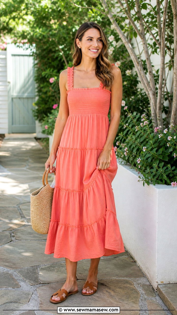 Ruffled Midi Dress Outfit With Raffia Tote - 40 classy vacation outfits