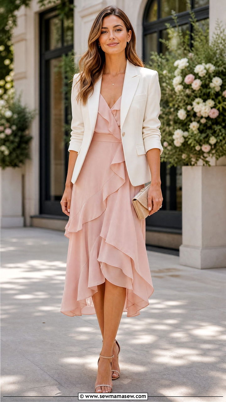 Ruffled Midi Dress With Blazer - 30 Midi dress with blazer outfit ideas