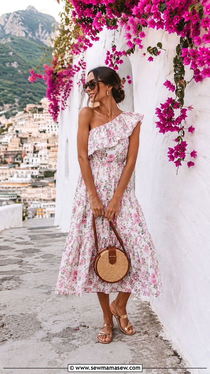 Ruffled Midi Dress With Woven Handbag - 25 Positano vacation outfit ideas