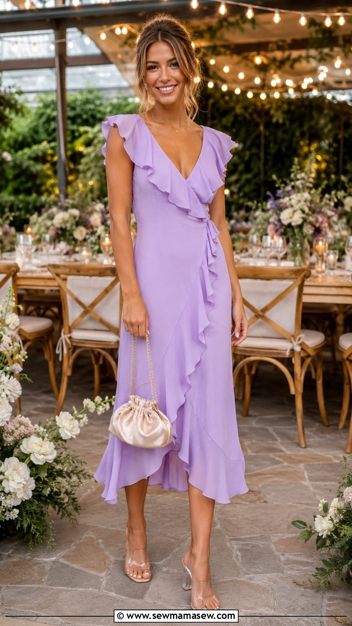 Ruffled Midi Dress with Clear Heel Sandals - 30 casual spring wedding guest outfits