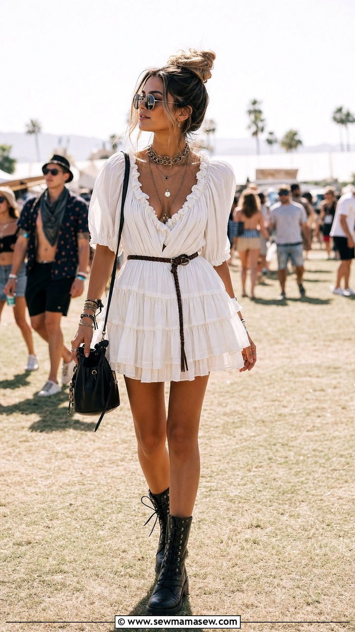 Ruffled Mini Dress with Combat Boots - 25 cute Coachella outfits