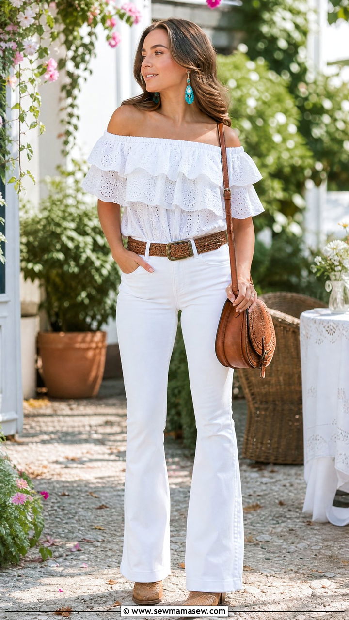 Ruffled Off Shoulder Blouse and White Denim Outfit - 30 summer western outfit ideas