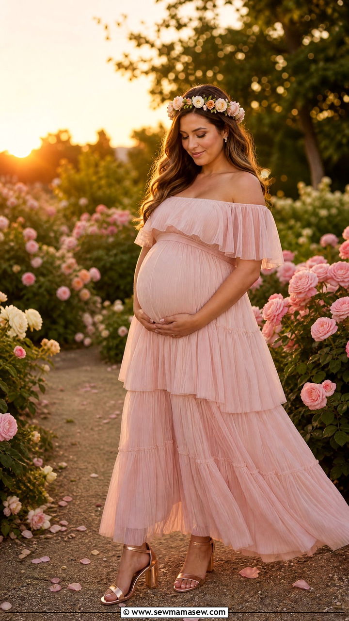 Ruffled Off Shoulder Maternity Maxi - 25 Maternity announcement outfit ideas