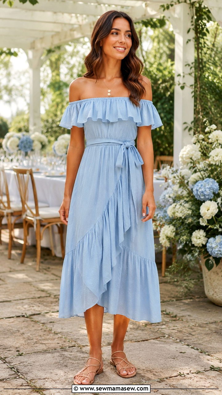Ruffled Off Shoulder Midi Dress - 25 Baby shower outfit ideas hostess