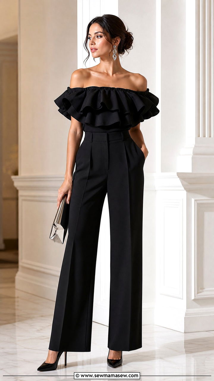 Ruffled Off Shoulder Top and Tailored Trousers - 30 Fashion trends 2026 outfits