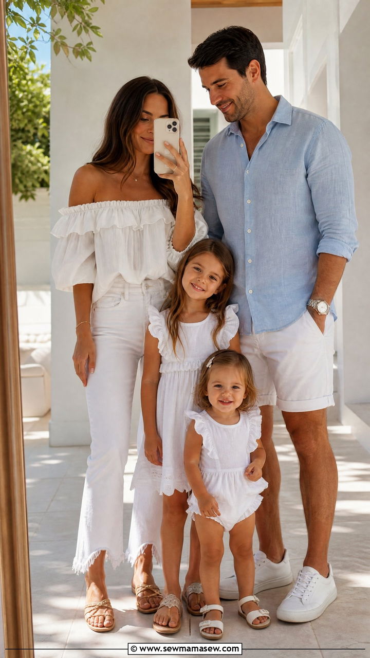 Ruffled Off Shoulder Tops with White Denim Family Outfits - 30 summer family photoshoot outfit ideas