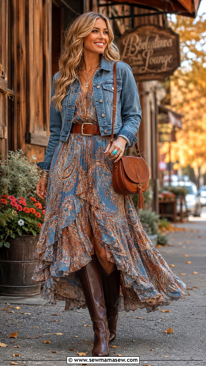 Ruffled Paisley Maxi Dress with Denim Jacket and Heeled Boots - 20 Western outfit ideas with paisley bandana
