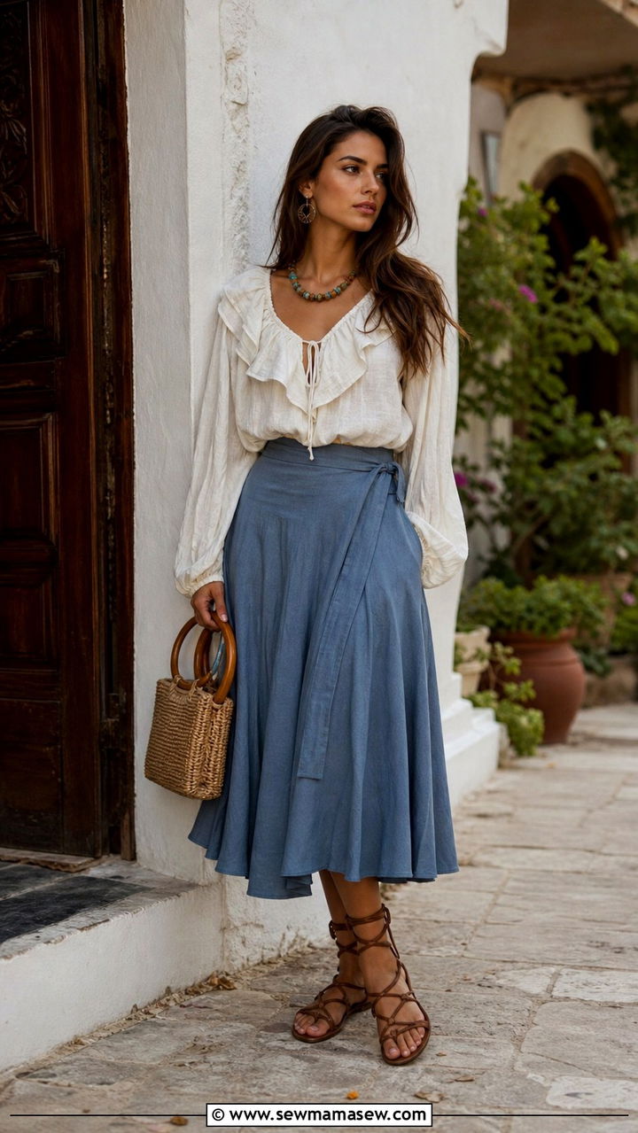 Ruffled Peasant Blouse With Midi Skirt And Sandals - 40 Boho outfit ideas 2026