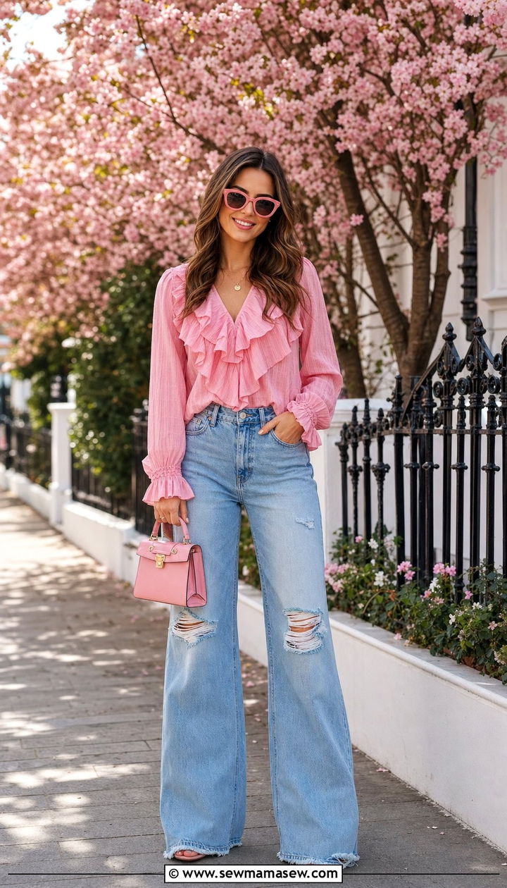 Ruffled Pink Blouse and Wide Leg Denim Spring Look - 25 Effortless spring outfit ideas 2026