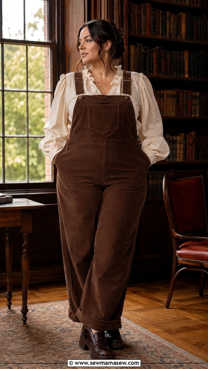Ruffled Poet Blouse With Corduroy Overalls And Platform Loafers - 20 Dark academia outfits for curvy women