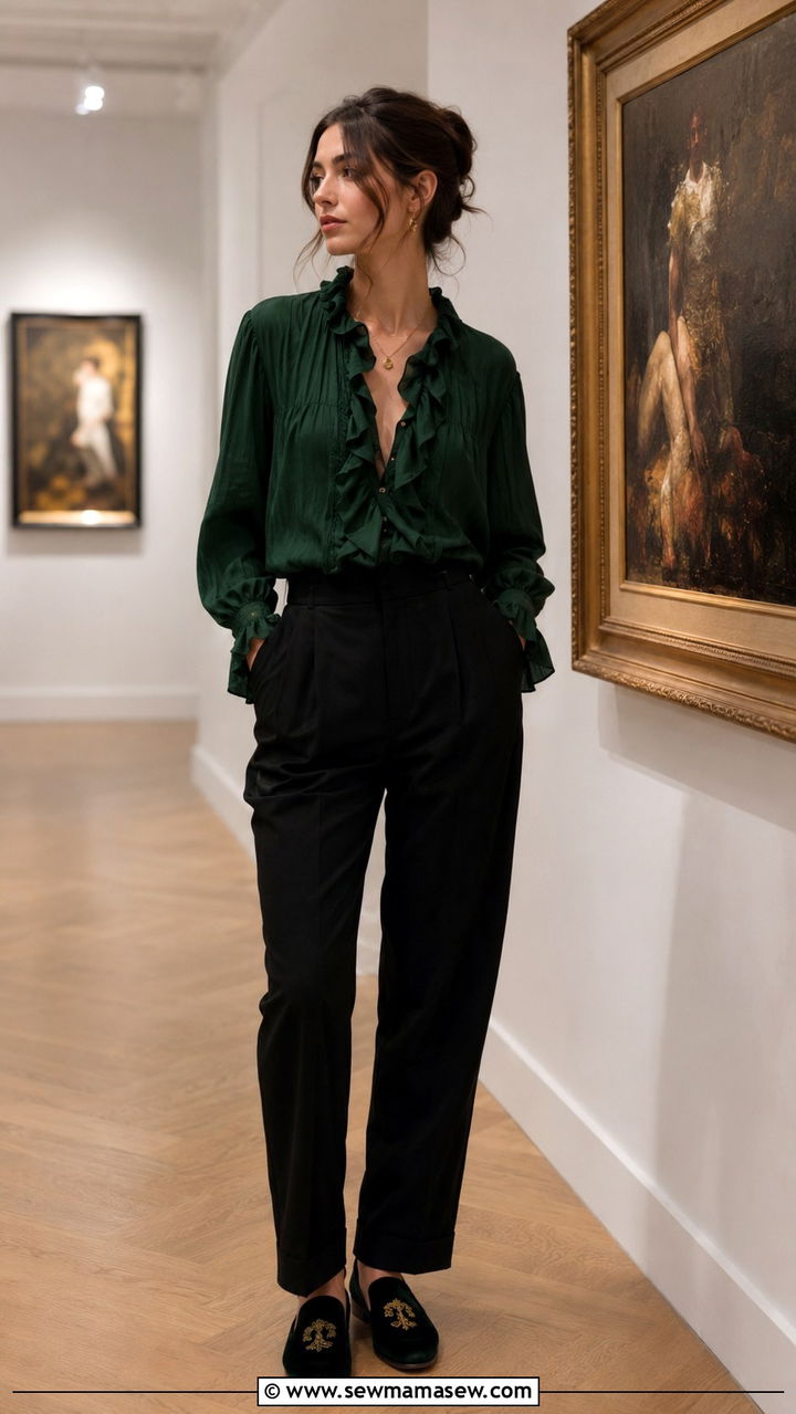 Ruffled Poet Blouse With Tailored Trousers and Smoking Slippers - 30 casual poetcore outfits