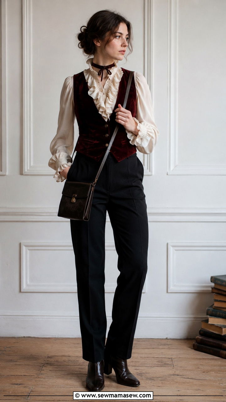 Ruffled Poet Blouse and Velvet Waistcoat - 20 Poetcore outfit ideas 2026