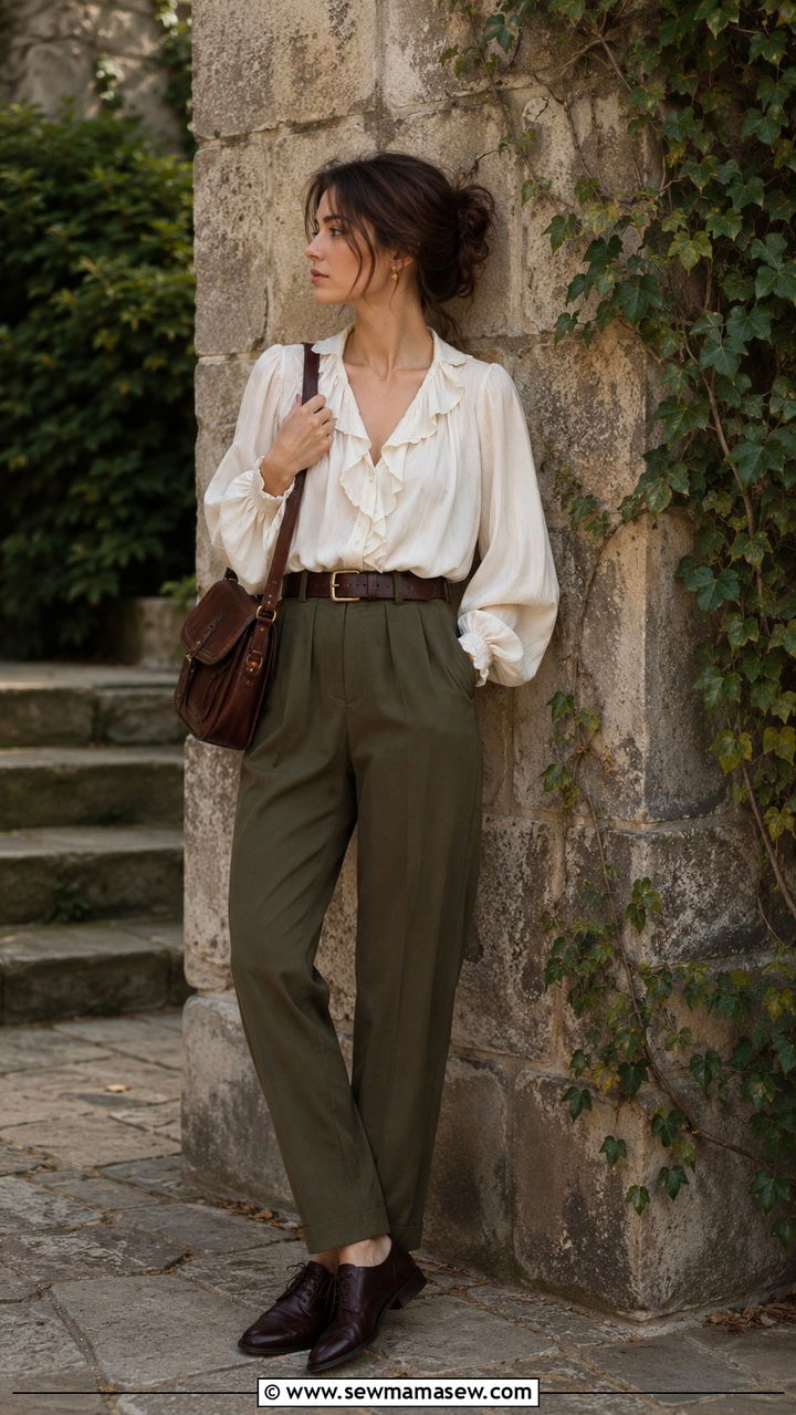 Ruffled Poet Blouse with Tailored Trousers - 30 light academia outfits to copy
