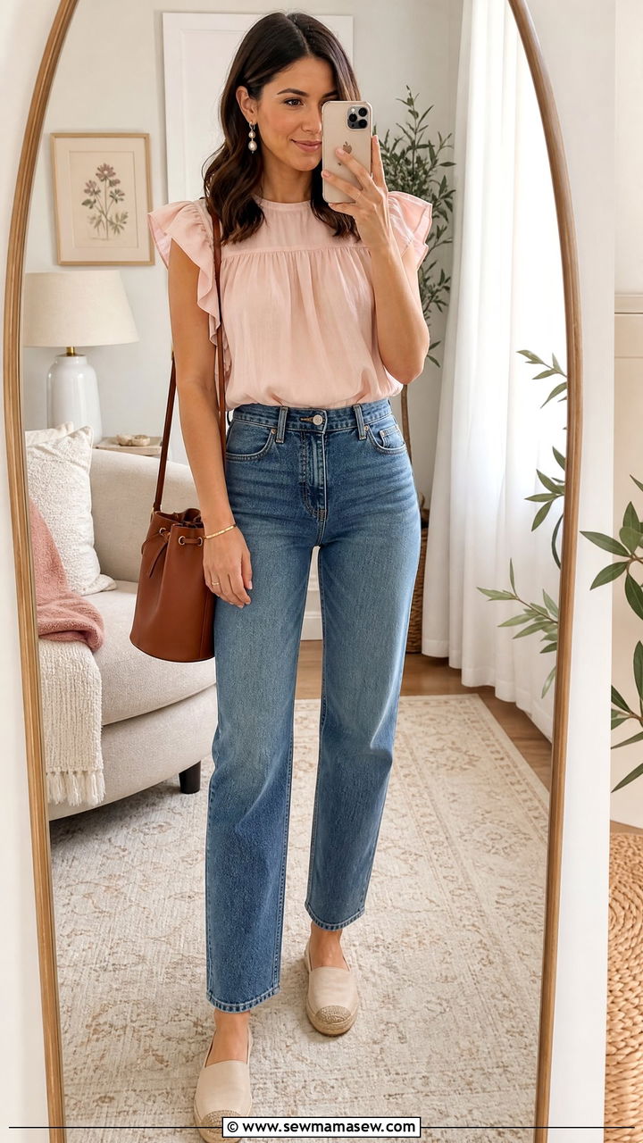 Ruffled Sleeve Top with Straight Leg Jeans - 25 Outfits for narrow shoulders