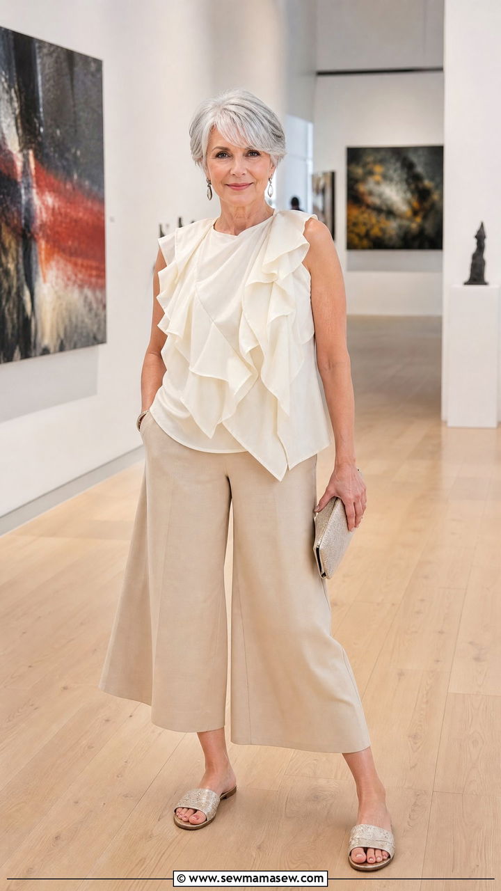 Ruffled Sleeveless Top and Cropped Culottes with Neat Slides - 30 Concert outfits for women over 60