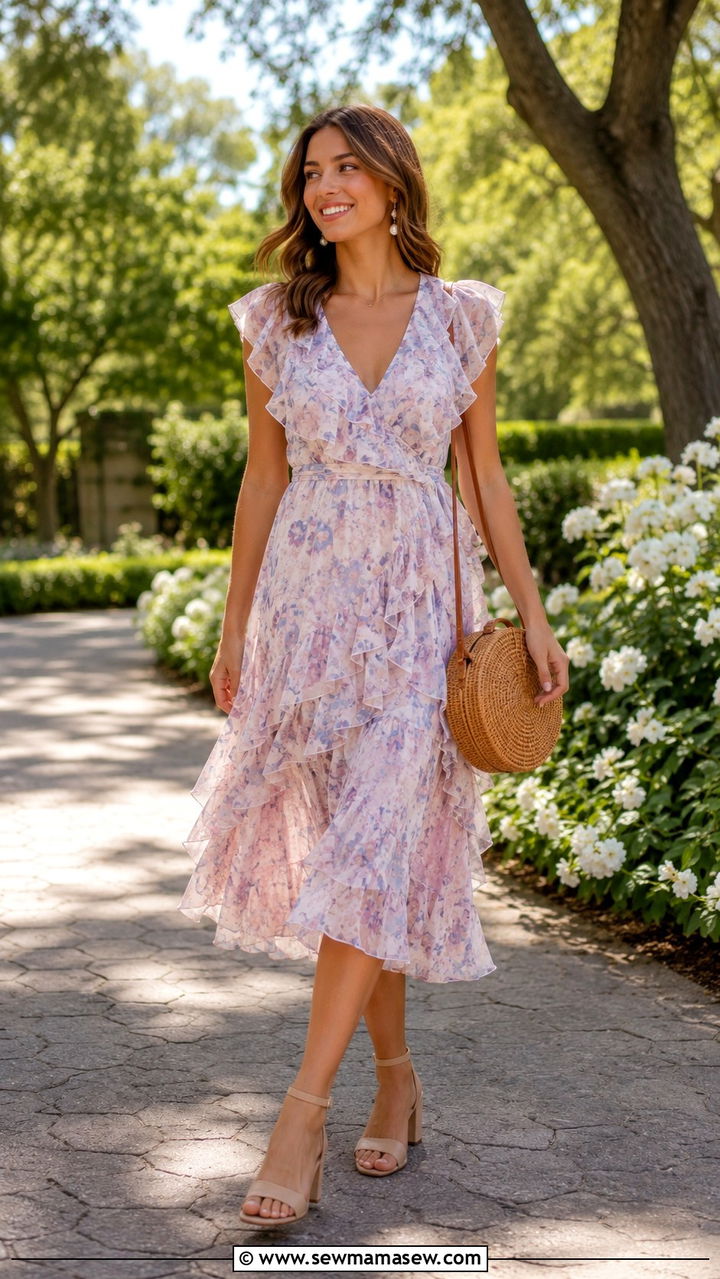 Ruffled Tea Length Dress With Block Heels - 30 chic spring wedding guest outfits for women