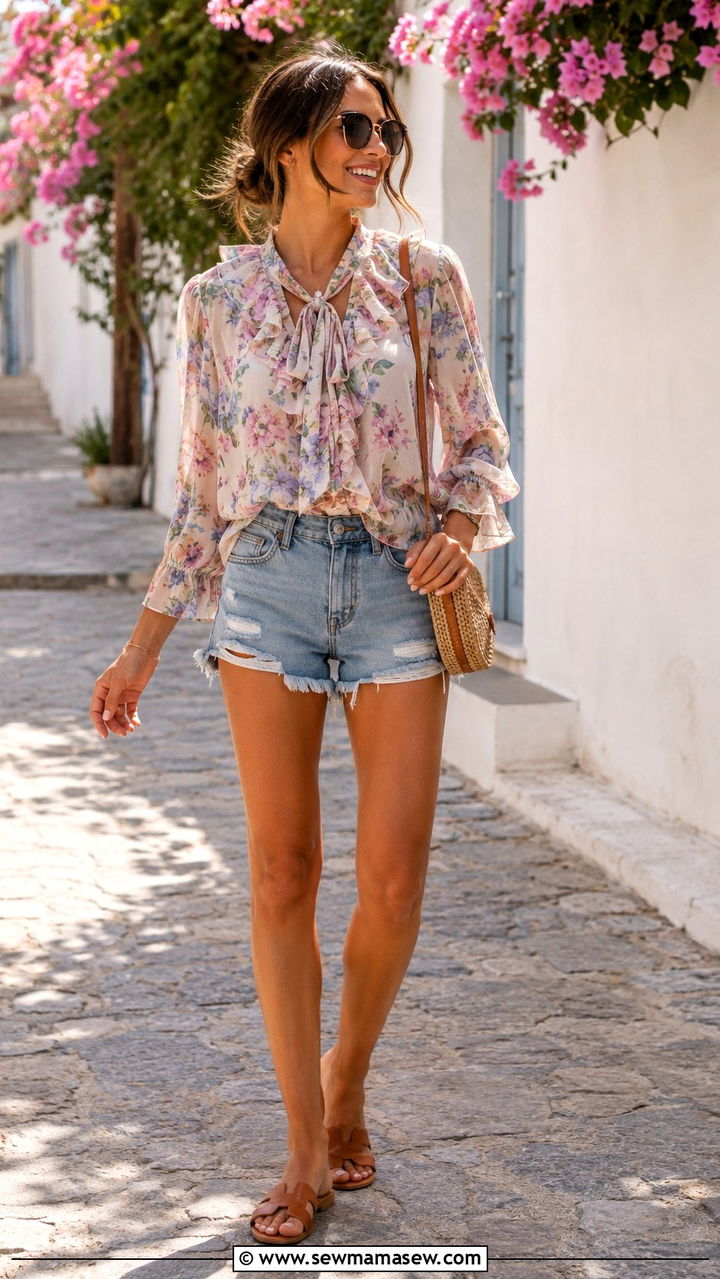 Ruffled Tie Neck Blouse with Denim Cutoffs - 25 Outfit ideas for small bust 2026