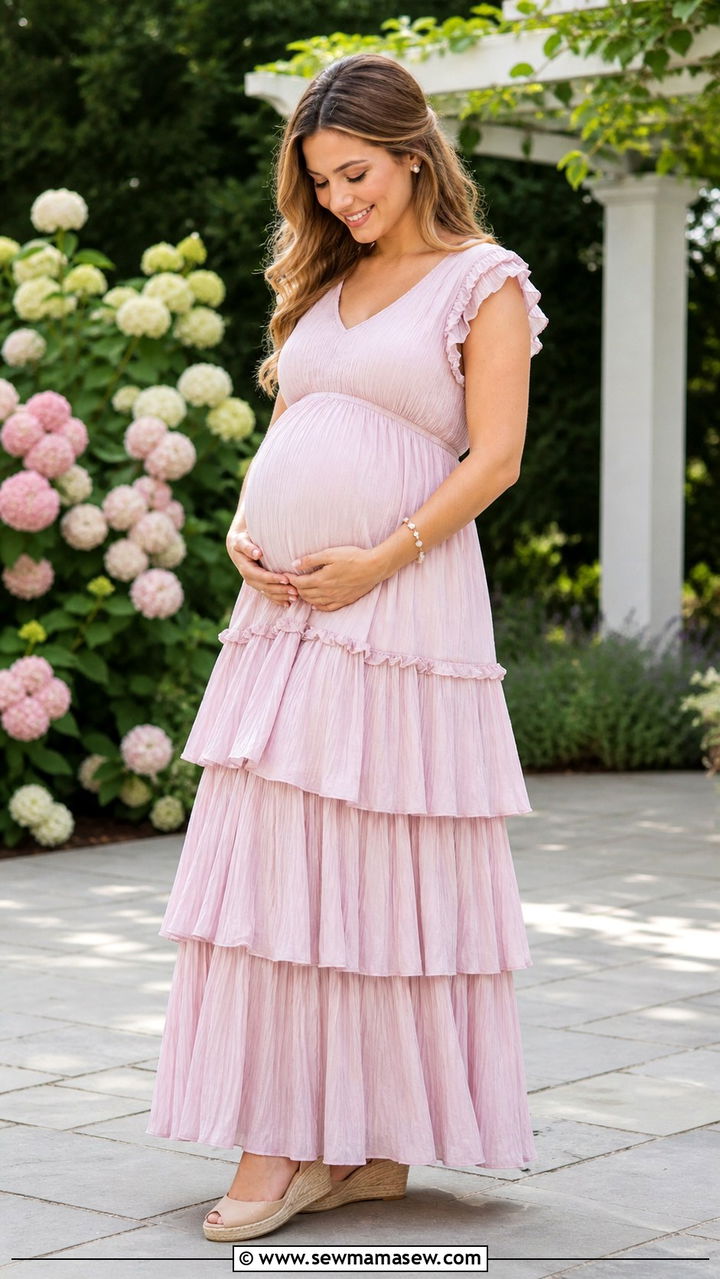 Ruffled Tiered Maxi Dress for the Mom to Be - 40 Spring baby shower outfits