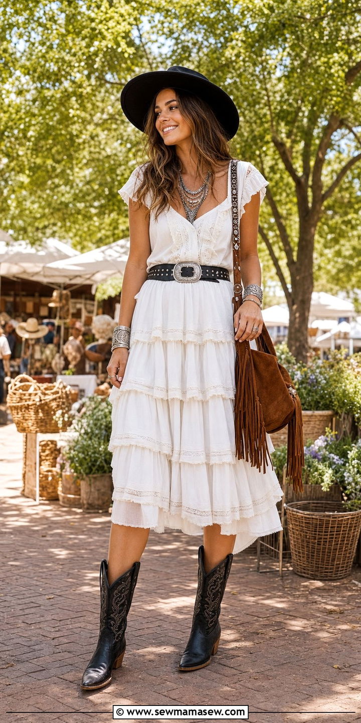 Ruffled Tiered Midi Dress With Western Inspired Accessories - 25 classy maximalist outfits