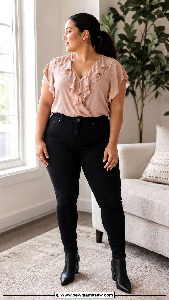 Ruffled Top With Dark Skinny Jeans Photoshoot Outfit - 25 Photoshoot outfits for pear shape