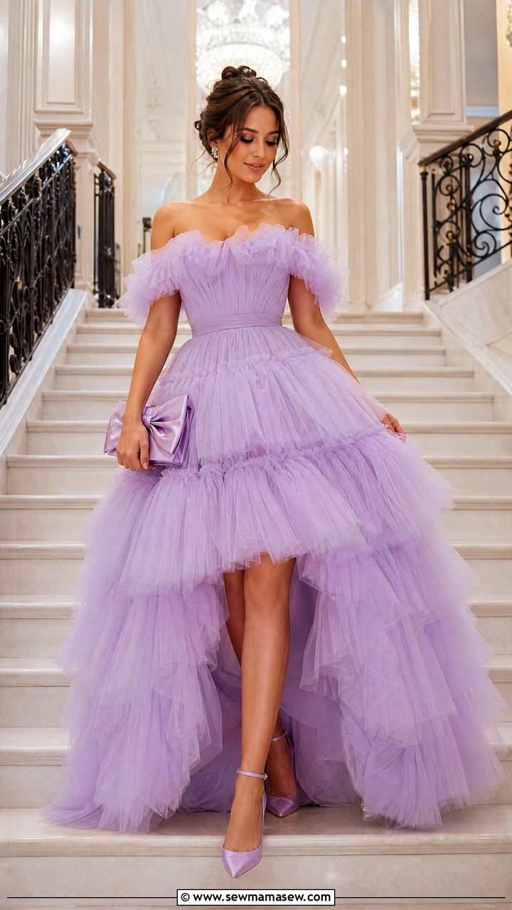 Ruffled Tulle Prom Dress With Satin Heels And Bow Clutch - 40 Prom outfit ideas