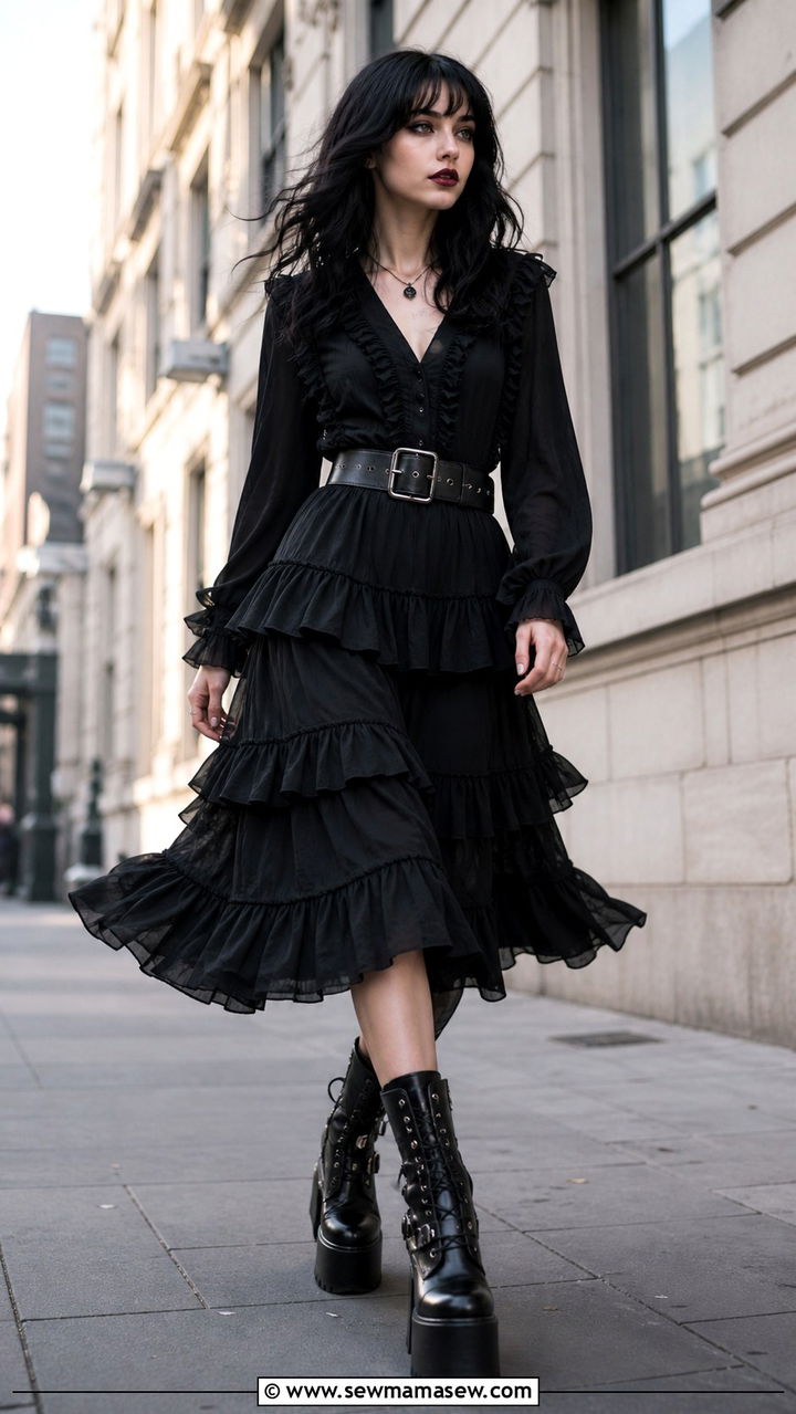 Ruffled black midi dress with chunky platform boots goth outfit - 40 Gothic outfit ideas