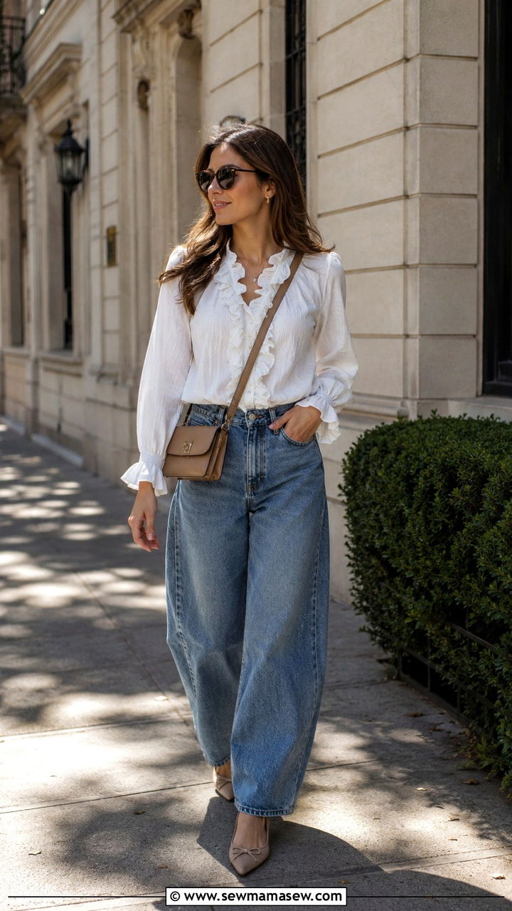 Ruffled blouse and barrel jeans outfit - 30 spring college outfit ideas