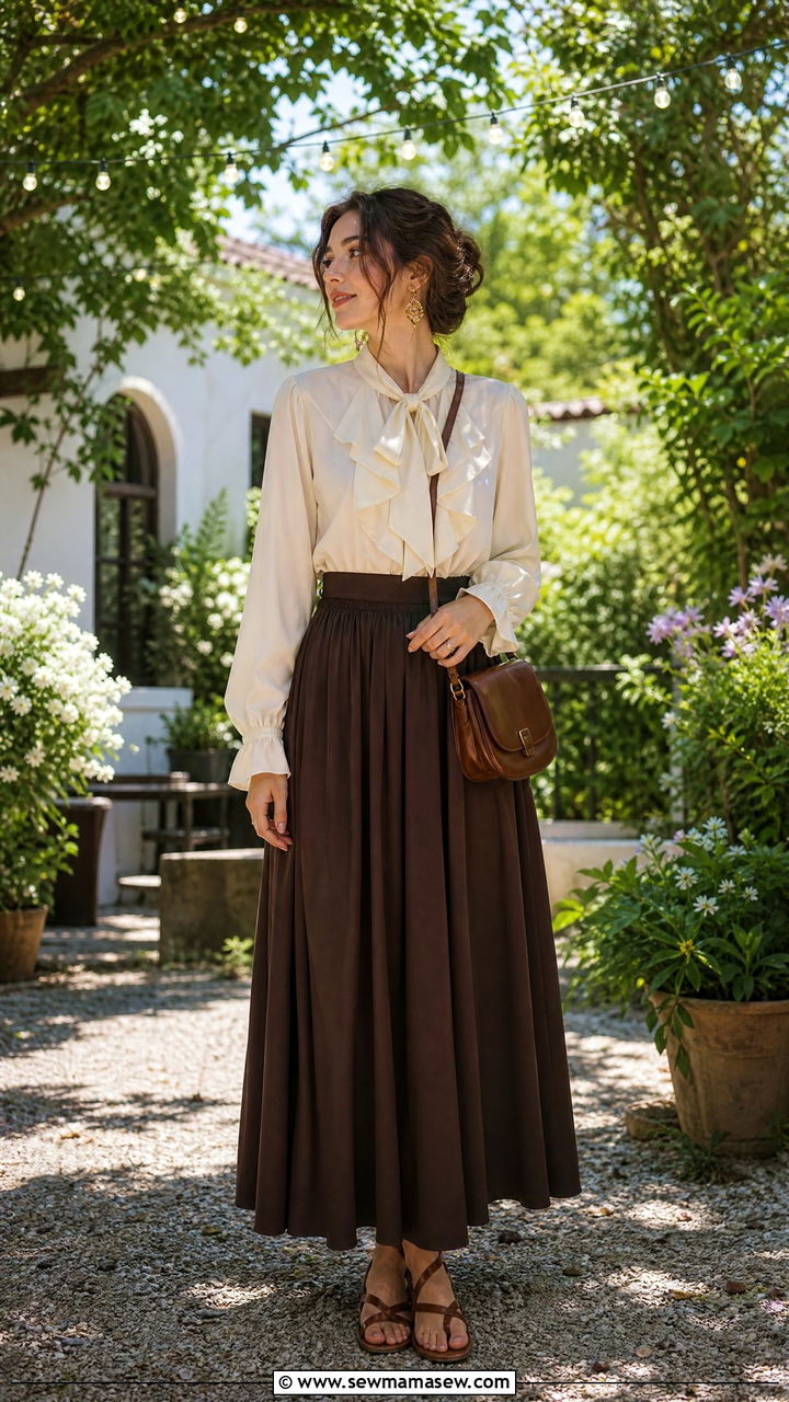 Ruffled blouse and long dark skirt dark academia outfit - 30 Dark academia summer outfits