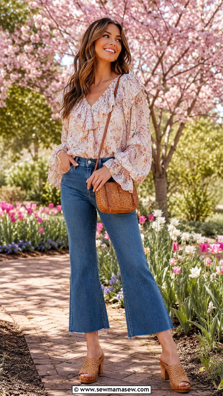Ruffled blouse with cropped flared jeans - 30 Playful spring outfit ideas
