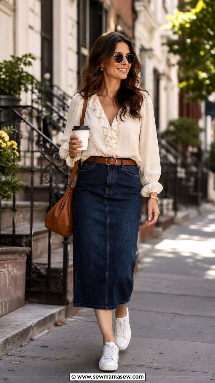 Ruffled blouse with denim midi skirt and sneakers - 30 Midi skirt outfit ideas with sneakers
