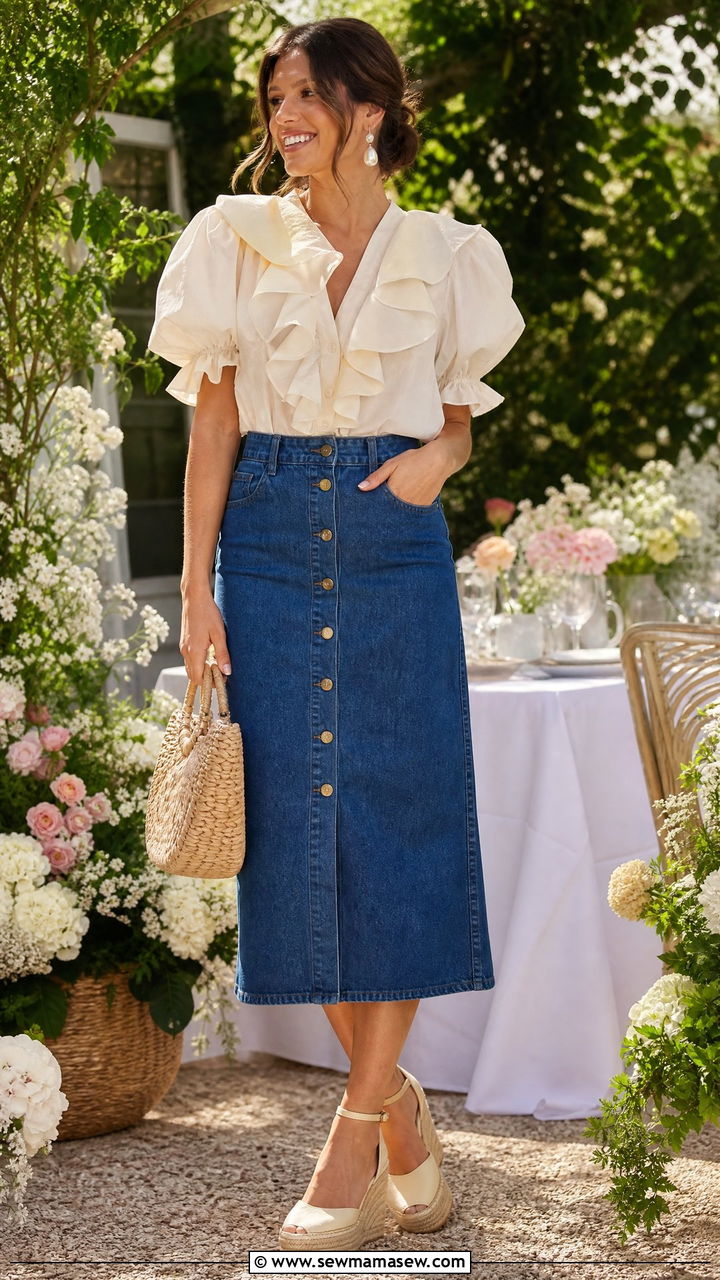 Ruffled blouse with denim midi skirt outfit - 25 classy denim skirt outfits