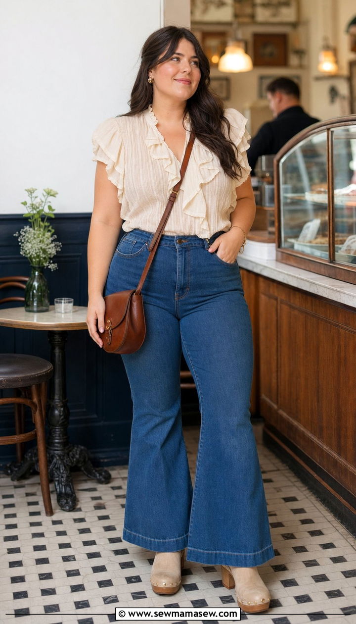 Ruffled blouse with flare jeans brunch outfit - 35 Brunch outfits for pear shape