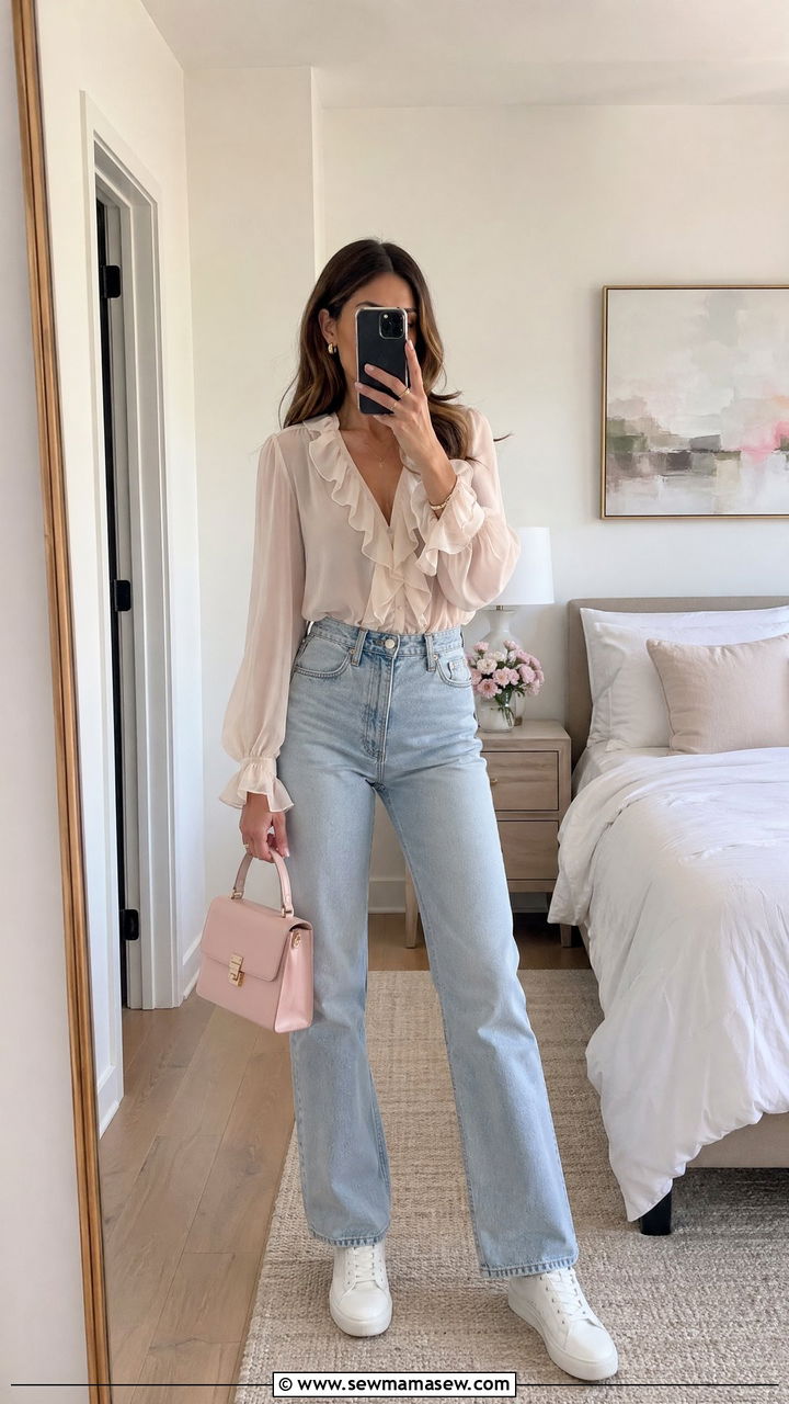 Ruffled blouse with high waist straight leg jeans - 35 Flirty spring outfit ideas