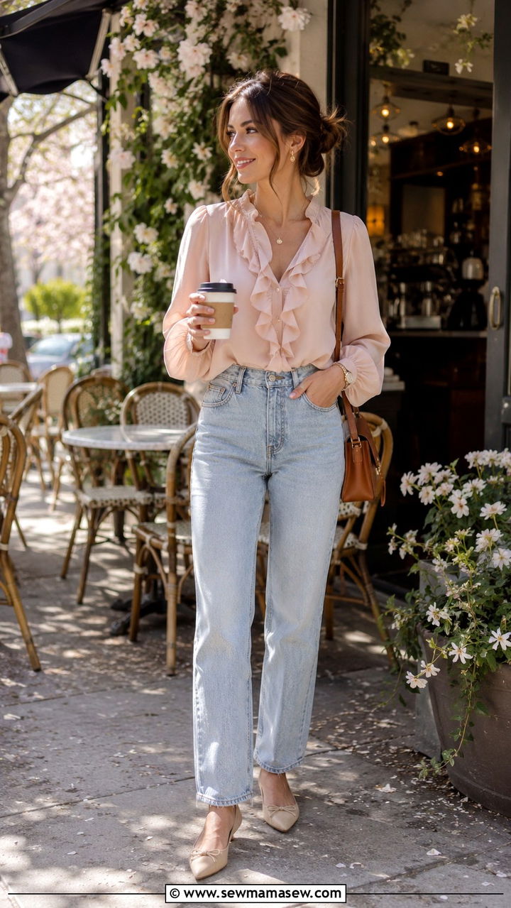 Ruffled blouse with straight leg jeans - 30 Spring cottage outfits