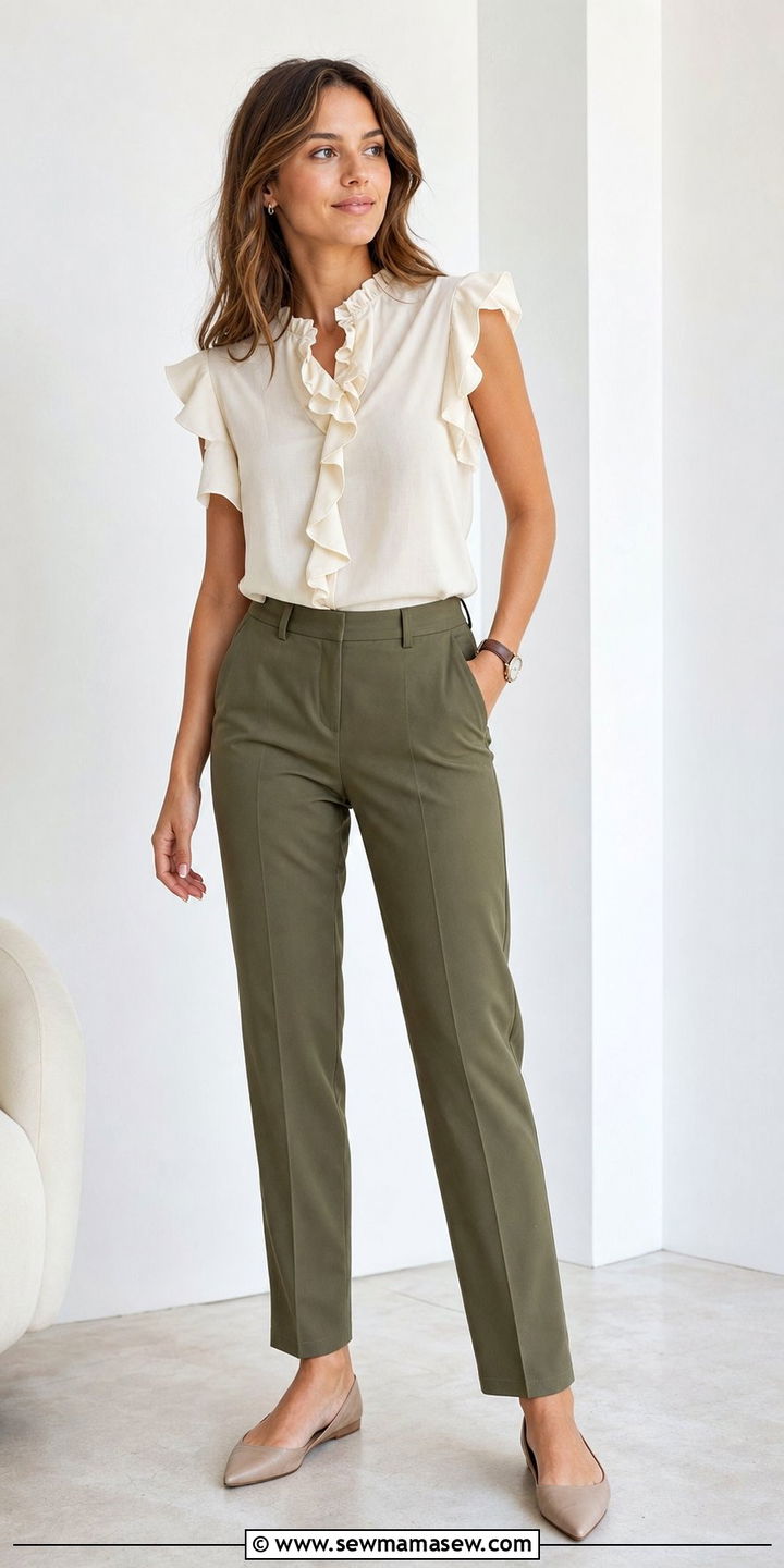 Ruffled blouse with straight leg pants outfit - 25 Cute outfits for rectangle body