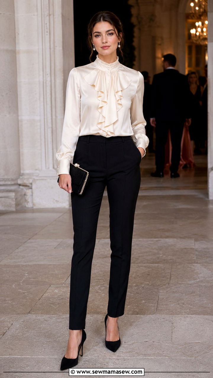 Ruffled blouse with tailored trousers - 25 Old money outfit ideas with trousers