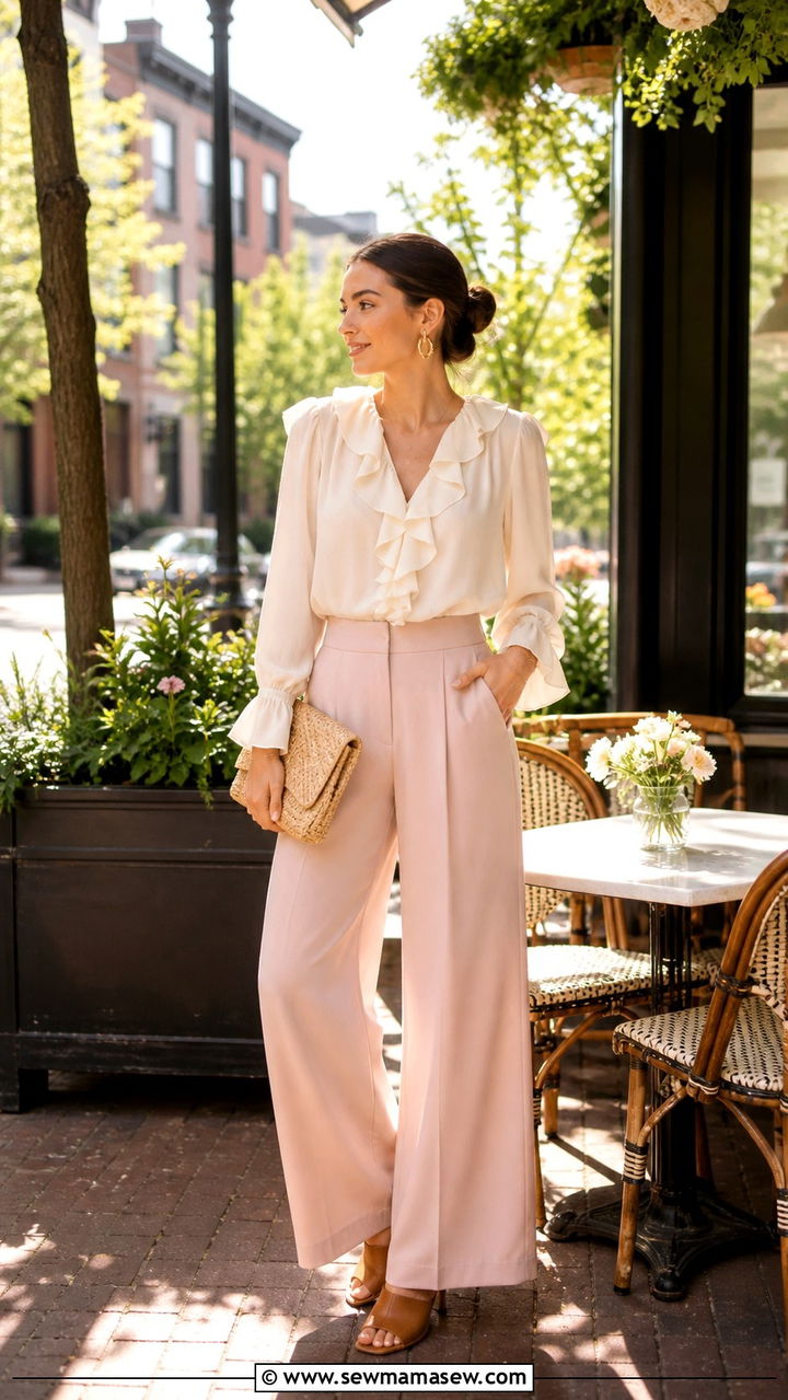 Ruffled blouse with wide leg trousers and mules - 40 What to wear in Boston