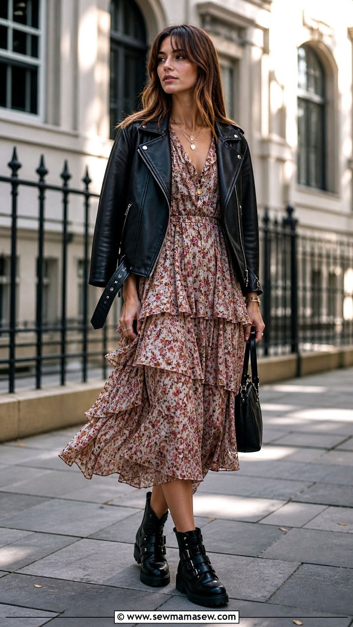 Ruffled boho dress with leather jacket outfit - 40 trendy outfits ideas